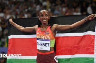 Beatrice Chebet celebrates winning 5,000m gold at the Paris Olympics