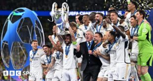 Real Madrid celebrate with the 2023-24 Champions League trophy