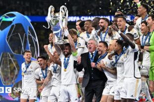 Real Madrid celebrate with the 2023-24 Champions League trophy