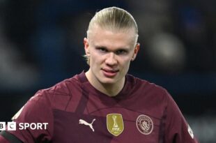 Manchester City striker Erling Haaland looks on during a Premier League match