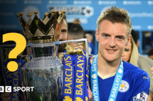 Leicester's Jamie Vardy with Premier League trophy