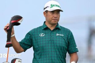 Japan's Hideki Matsuyama prepares to play a shot on Saturday