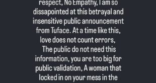 I am so dissapointed at this betrayal and insensitive public announcement from Tuface - Actress Uche Elendu