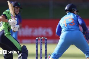 Gaby Lewis in action for Ireland against India in the 2023 T20 World Cup in South Africa