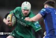 Mack Hansen attempts to get past Leinster's Jimmy O'Brien at the Aviva Stadium on 21 December