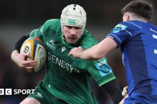 Mack Hansen attempts to get past Leinster's Jimmy O'Brien at the Aviva Stadium on 21 December