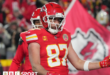 Travis Kelce celebrates after scoring a touchdown for the Kansas City Chiefs against the Houston Texans