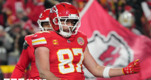 Travis Kelce celebrates after scoring a touchdown for the Kansas City Chiefs against the Houston Texans