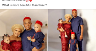 Nigerian woman shows off her husband and children as she takes a dig at women who