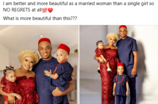 Nigerian woman shows off her husband and children as she takes a dig at women who