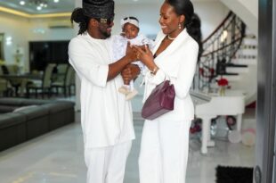 Peter Okoye and wife Ifeoma dedicate baby girl at church