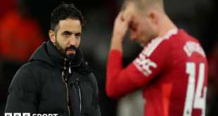 Manchester United boss Ruben Amorim and player Christian Eriksen react after the home defeat to Newcastle United