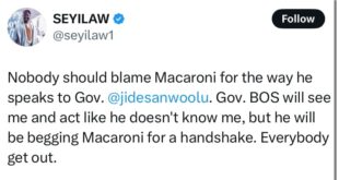 Sanwo-Olu will see me and act like he doesn?t know me but he will be begging Mr Macaroni for a handshake - Seyi Law