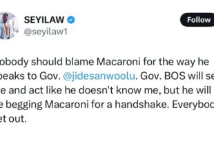 Sanwo-Olu will see me and act like he doesn?t know me but he will be begging Mr Macaroni for a handshake - Seyi Law