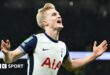 Lucas Bergvall celebrates his winner for Tottenham in the Carabao Cup semi-final first leg against Liverpool