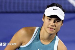 Emma Raducanu looks forlorn during her Dubai Tennis Championships match