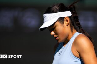 Emma Raducanu looks down to the court during her Indian Wells first round match